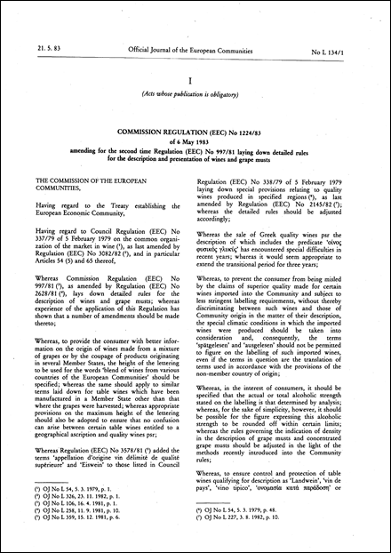 Commission Regulation (EEC) No 1224/83 of 6 May 1983 amending for the second time Regulation (EEC) No 997/81 laying down detailed rules for the description and presentation of wines and grape musts