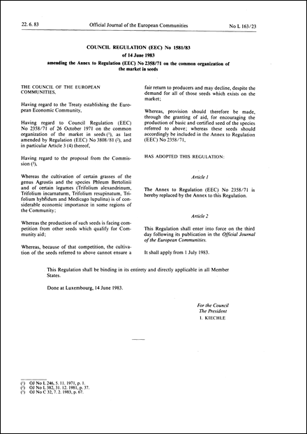 Council Regulation (EEC) No 1581/83 of 14 June 1983 amending the Annex to Regulation (EEC) No 2358/71 on the common organization of the market in seeds