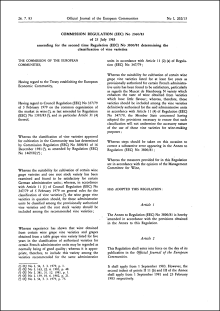 Commission Regulation (EEC) No 2060/83 of 25 July 1983 amending for the second time Regulation (EEC) No 3800/81 determining the classification of vine varieties