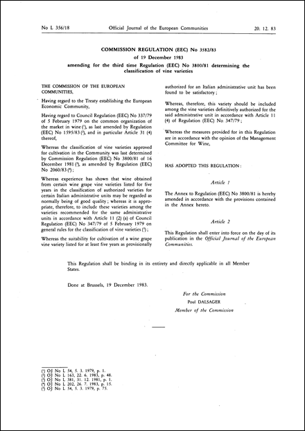 Commission Regulation (EEC) No 3582/83 of 19 December 1983 amending for the third time Regulation (EEC) No 3800/81 determining the classification of vine varieties
