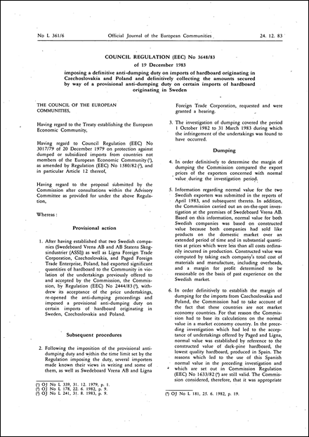 Council Regulation (EEC) No 3648/83 of 19 December 1983 imposing a definitive anti-dumping duty on imports of hardboard originating in Czechoslovakia and Poland and definitively collecting the amounts secured by way of a provisional anti-dumping duty on certain imports of hardboard originating in Sweden