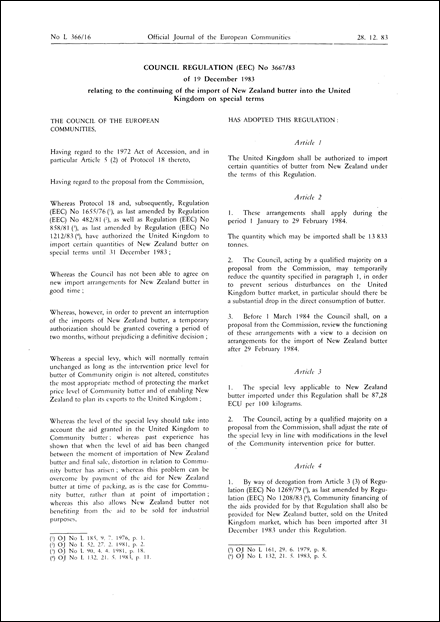 Council Regulation (EEC) No 3667/83 of 19 December 1983 relating to the continuing of the import of New Zealand butter into the United Kingdom on special terms