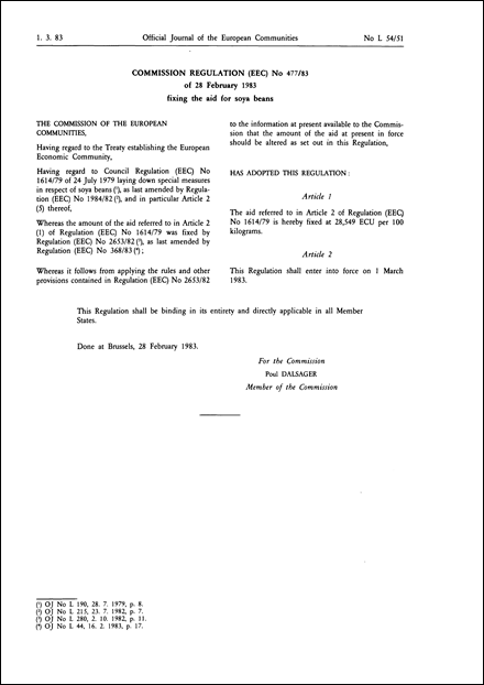 Commission Regulation (EEC) No 477/83 of 28 February 1983 fixing the aid for soya beans