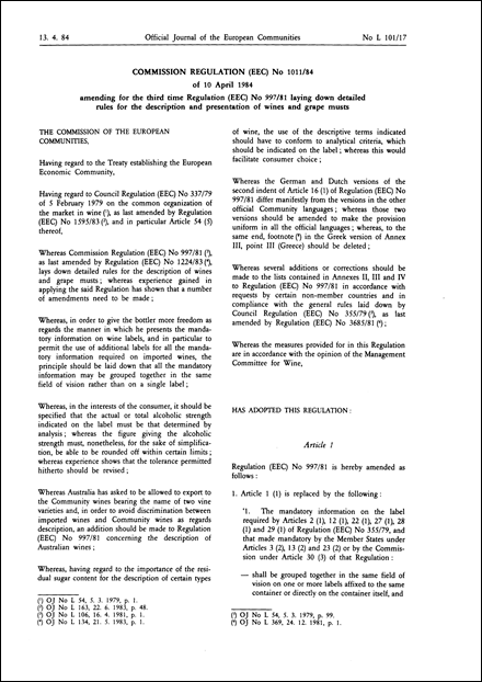 Commission Regulation (EEC) No 1011/84 of 10 April 1984 amending for the third time Regulation (EEC) No 997/81 laying down detailed rules for the description and presentation of wines and grape musts