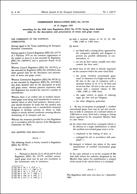 Commission Regulation (EEC) No 2397/84 of 20 August 1984 amending for the fifth time Regulation (EEC) No 997/81 laying down detailed rules for the description and presentation of wines and grape musts