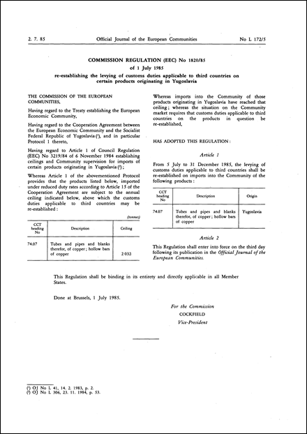 Commission Regulation (EEC) No 1820/85 of 1 July 1985 re-establishing the levying of customs duties applicable to third countries on certain products originating in Yugoslavia