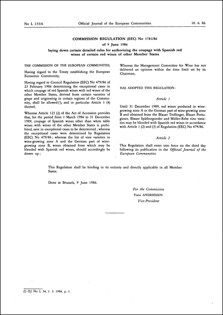 Commission Regulation (EEC) No 1781/86 of 9 June 1986 laying down certain detailed rules for authorizing the coupage with Spanish red wines of certain red wines of other Member States