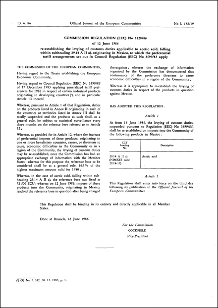 Commission Regulation (EEC) No 1828/86 of 12 June 1986 re-establishing the levying of customs duties applicable to acetic acid, falling within subheading 29.14 A II a), originating in Mexico, to which the preferential tariff arrangements set out in Council Regulation (EEC) No 3599/85 apply