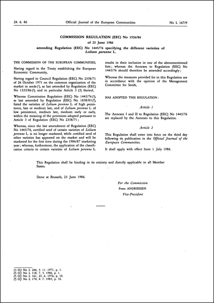 Commission Regulation (EEC) No 1926/86 of 23 June 1986 amending Regulation (EEC) No 1445/76 specifying the different varieties of Lolium perenne L.