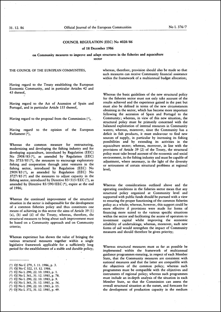 Council Regulation (EEC) No 4028/86 of 18 December 1986 on Community measures to improve and adapt structures in the fisheries and aquaculture sector