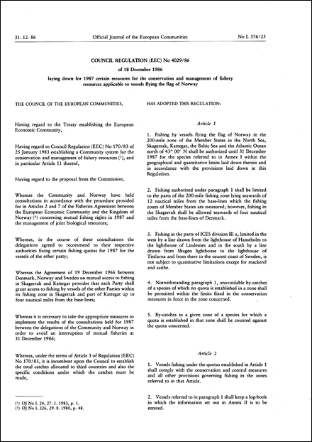 Council Regulation (EEC) No 4029/86 of 18 December 1986 laying down for 1987 certain measures for the conservation and management of fishery resources applicable to vessels flying the flag of Norway