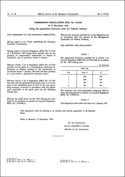 Commission Regulation (EEC) No 4106/86 of 23 December 1986 fixing the guaranteed minimum price for Atlantic sardines