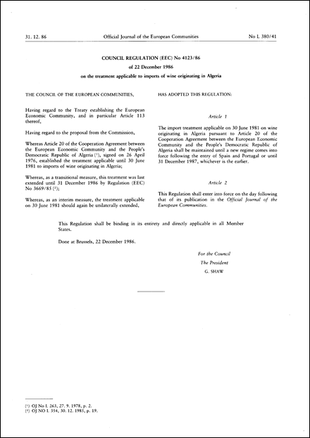 Council Regulation (EEC) No 4123/86 of 22 December 1986 on the treatment applicable to imports of wine originating in Algeria