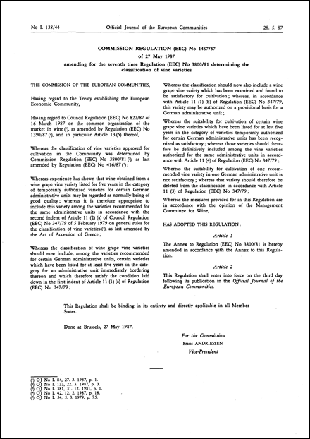 Commission Regulation (EEC) No 1467/87 of 27 May 1987 amending for the seventh time Regulation (EEC) No 3800/81 determining the classification of vine varieties