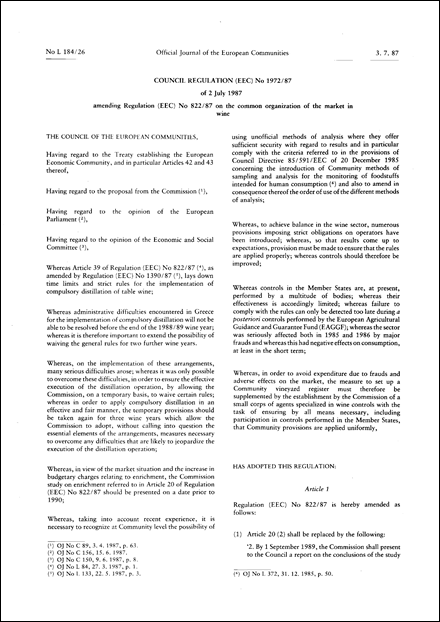 Council Regulation (EEC) No 1972/87 of 2 July 1987 amending Regulation (EEC) No 822/87 on the common organization of the market in wine