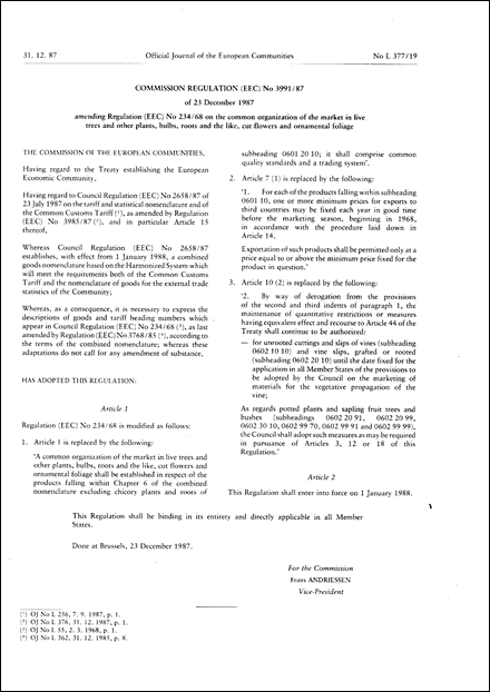 Commission Regulation (EEC) No 3991/87 of 23 December 1987 amending Regulation (EEC) No 234/68 on the common organization of the market in live trees and other plants, bulbs, roots and the like, cut flowers and ornamental foliage