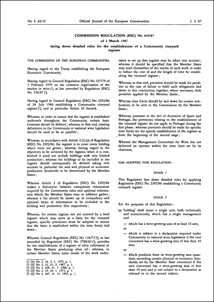 Commission Regulation (EEC) No 649/87 of 3 March 1987 laying down detailed rules for the establishment of a Community vineyard register