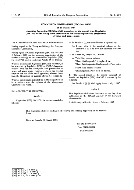 Commission Regulation (EEC) No 689/87 of 10 March 1987 correcting Regulation (EEC) No 63/87 amending for the seventh time Regulation (EEC) No 997/81 laying down detailed rules for the description and presentation of wines and grape musts