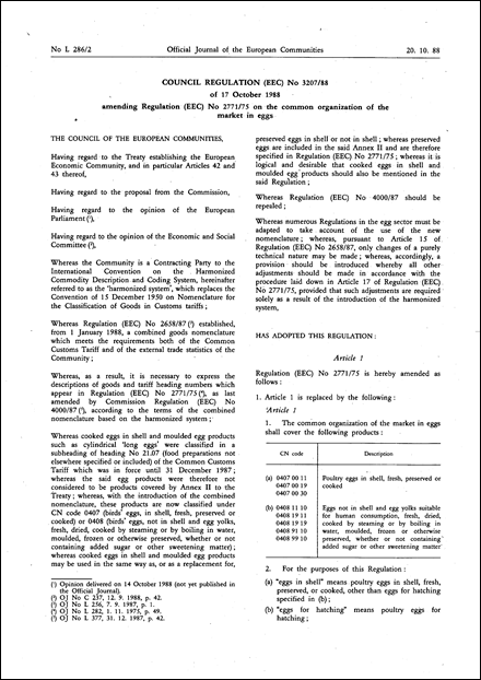 Council Regulation (EEC) No 3207/88 of 17 October 1988 amending Regulation (EEC) No 2771/75 on the common organization of the market in eggs