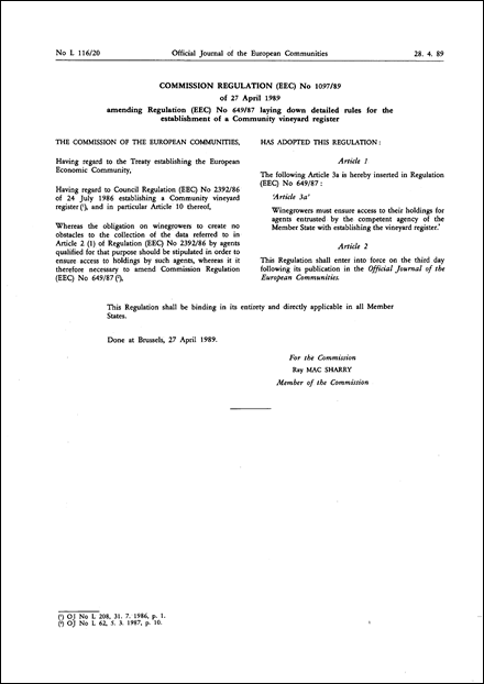 Commission Regulation (EEC) No 1097/89 of 27 April 1989 amending Regulation (EEC) No 649/87 laying down detailed rules for the establishment of a Community vineyard register