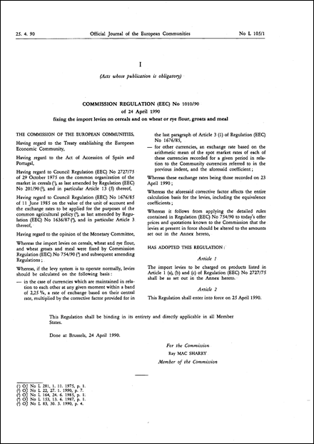 Commission Regulation (EEC) No 1010/90 of 24 April 1990 fixing the import levies on cereals and on wheat or rye flour, groats and meal