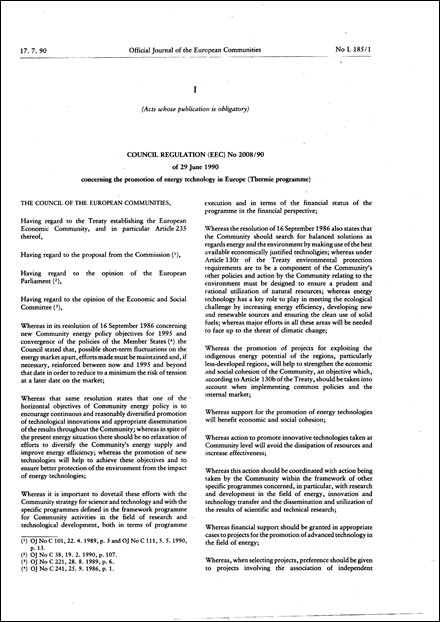 Council Regulation (EEC) No 2008/90 of 29 June 1990 concerning the promotion of energy technology in Europe (thermie programme)