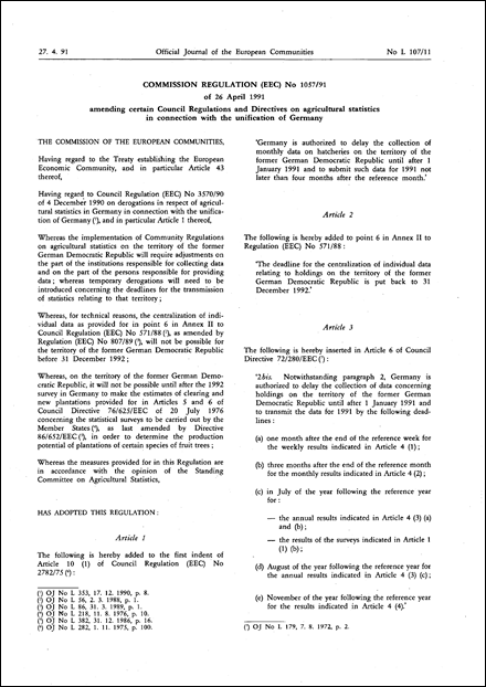 Commission Regulation (EEC) No 1057/91 of 26 April 1991 amending certain Council Regulations and Directives on agricultural statistics in connection with the unification of Germany