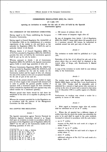 Commission Regulation (EEC) No 1983/91 of 4 July 1991 opening an invitation to tender for the sale of olive oil held by the Spanish intervention agency