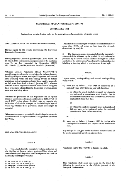 Commission Regulation (EEC) No 3901/91 of 18 December 1991 laying down certain detailed rules on the description and presentation of special wines