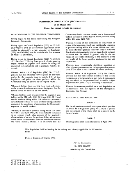 Commission Regulation (EEC) No 676/91 of 20 March 1991 fixing the export refunds on pigmeat