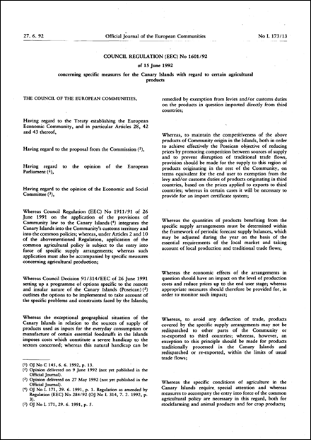 Council Regulation (EEC) No 1601/92 of 15 June 1992 concerning specific measures for the Canary Islands with regard to certain agricultural products (repealed)