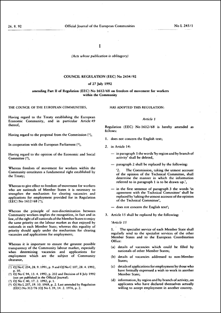 Council Regulation (EEC) No 2434/92 of 27 July 1992 amending Part II of Regulation (EEC) No 1612/68 on freedom of movement for workers within the Community (repealed)