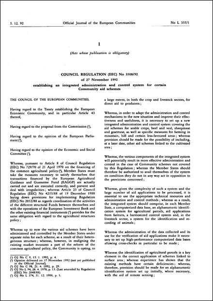 Council Regulation (EEC) No 3508/92 of 27 November 1992 establishing an integrated administration and control system for certain Community aid schemes (repealed)