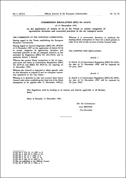 Commission Regulation (EEC) No 3618/92 of 15 December 1992 on the application of Article 85 (3) of the Treaty to certain categories of agreements, decisions and concerted practices in the air transport sector