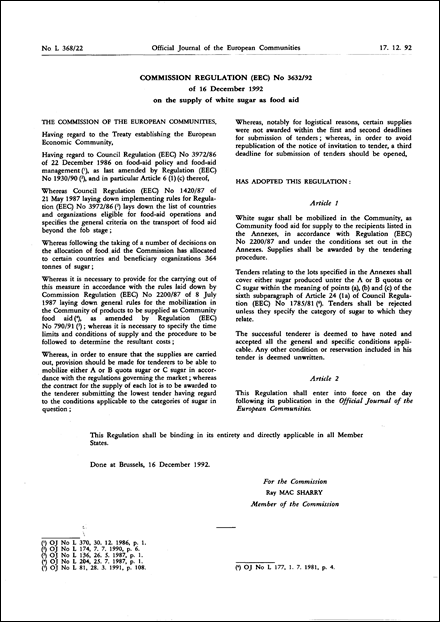 Commission Regulation (EEC) No 3632/92 of 16 December 1992 on the supply of white sugar as food aid