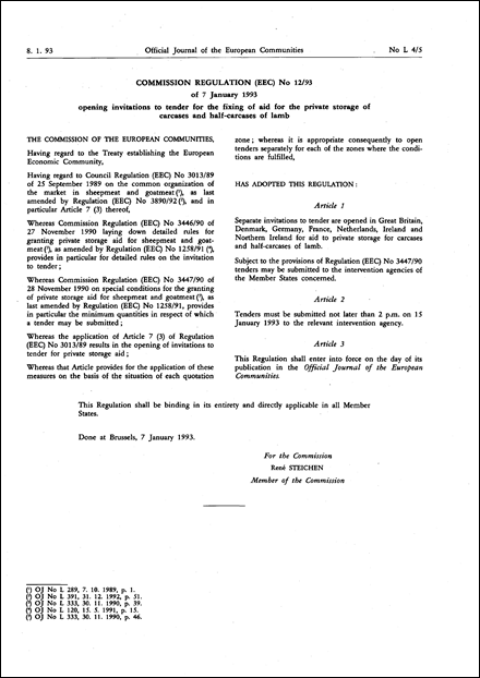 Commission Regulation (EEC) No 12/93 of 7 January 1993 opening invitations to tender for the fixing of aid for the private storage of carcases and half-carcases of lamb