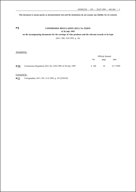 Commission Regulation (EEC) No 2238/93 of 26 July 1993 on the accompanying documents for the carriage of wine products and the relevant records to be kept