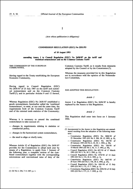 COMMISSION REGULATION (EEC) No 2551/93 of 10 August 1993 amending Annex I to Council Regulation (EEC) No 2658/87 on the tariff and statistical nomenclature and on the Common Customs Tariff