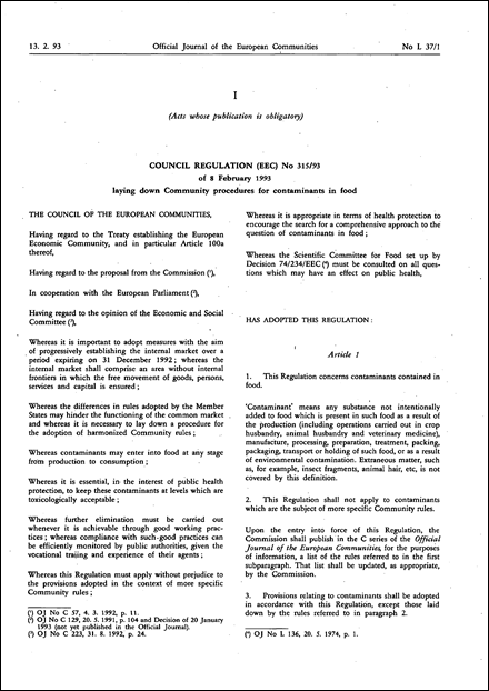 Council Regulation (EEC) No 315/93 of 8 February 1993 laying down Community procedures for contaminants in food