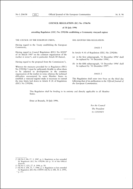 Council Regulation (EC) No 1596/96 of 30 July 1996 amending Regulation (EEC) No 2392/86 establishing a Community vineyard register