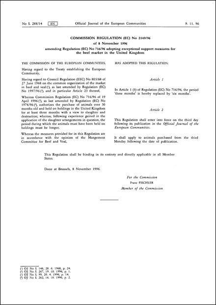 Commission Regulation (EC) No 2149/96 of 8 November 1996 amending Regulation (EC) No 716/96 adopting exceptional support measures for the beef market in the United Kingdom