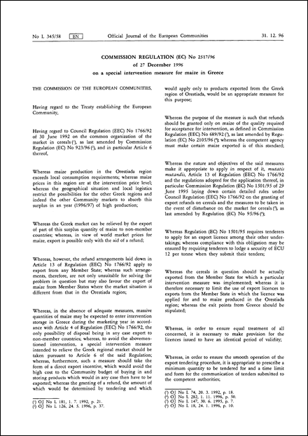 COMMISSION REGULATION (EC) No 2517/96 of 27 December 1996 on a special intervention measure for maize in Greece