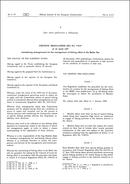 Council Regulation (EC) No 779/97 of 24 April 1997 introducing arrangements for the management of fishing effort in the Baltic Sea (repealed)