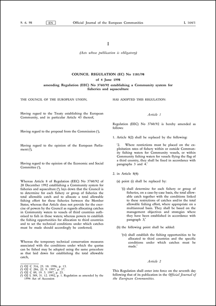 Council Regulation (EC) No 1181/98 of 4 June 1998 amending Regulation (EEC) No 3760/92 establishing a Community system for fisheries and aquaculture
