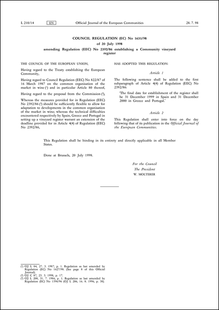 Council Regulation (EC) No 1631/98 of 20 July 1998 amending Regulation (EEC) No 2392/86 establishing a Community vineyard register