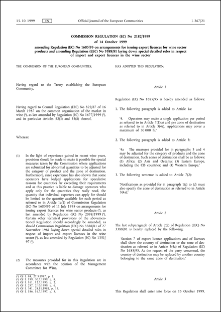 Commission Regulation (EC) No 2182/1999 of 14 October 1999 amending Regulation (EC) No 1685/95 on arrangements for issuing export licences for wine sector products and amending Regulation (EEC) No 3388/81 laying down special detailed rules in respect of import and export licences in the wine sector