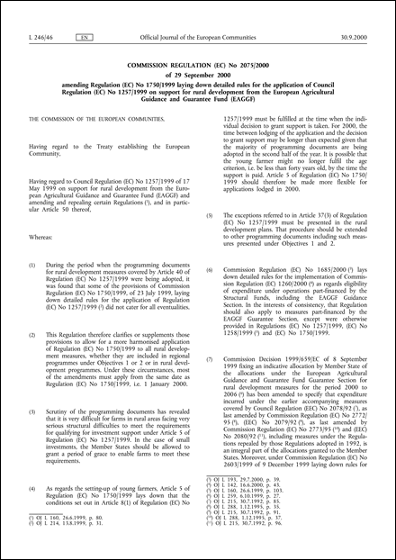 Commission Regulation (EC) No 2075/2000 of 29 September 2000 amending Regulation (EC) No 1750/1999 laying down detailed rules for the application of Council Regulation (EC) No 1257/1999 on support for rural development from the European Agricultural Guidance and Guarantee Fund (EAGGF)