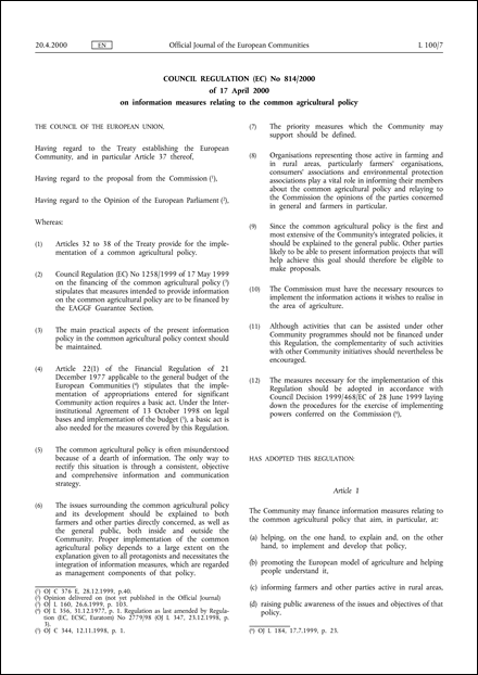Council Regulation (EC) No 814/2000 of 17 April 2000 on information measures relating to the common agricultural policy (repealed)