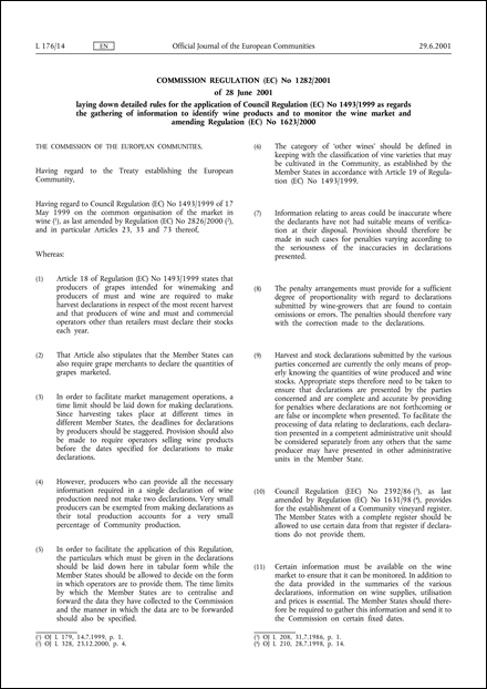 Commission Regulation (EC) No 1282/2001 of 28 June 2001 laying down detailed rules for the application of Council Regulation (EC) No 1493/1999 as regards the gathering of information to identify wine products and to monitor the wine market and amending Regulation (EC) No 1623/2000 (repealed)