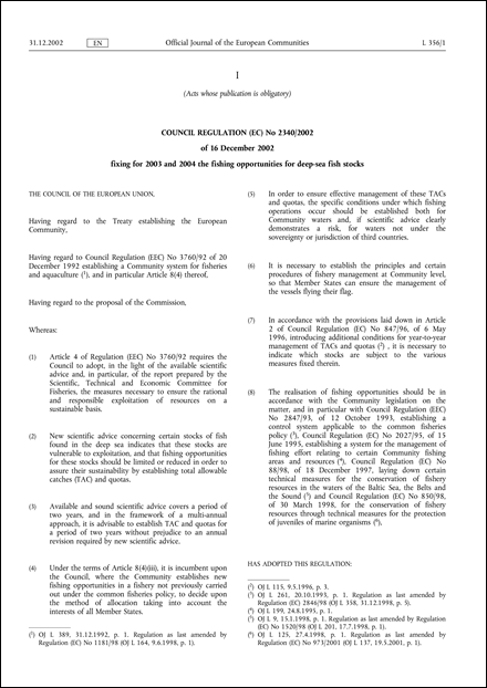 Council Regulation (EC) No 2340/2002 of 16 December 2002 fixing for 2003 and 2004 the fishing opportunities for deep-sea fish stocks
